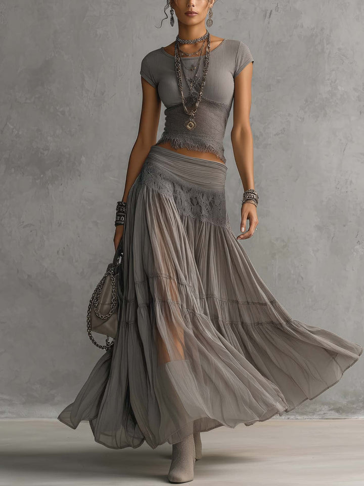 Elena™ | Lace Top & Pleated Maxi Skirt Set