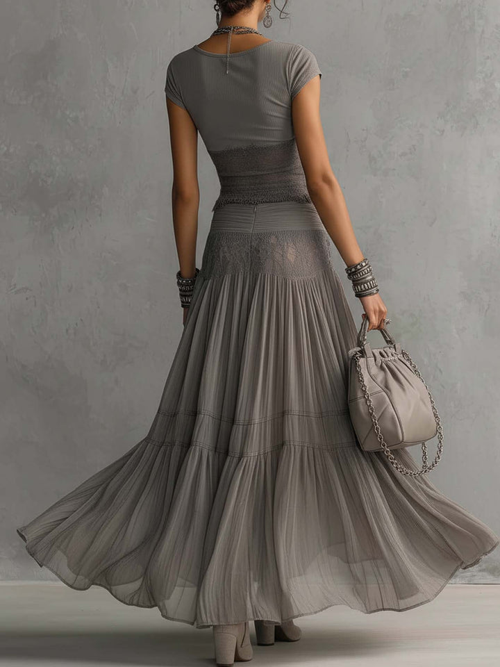 Elena™ | Lace Top & Pleated Maxi Skirt Set