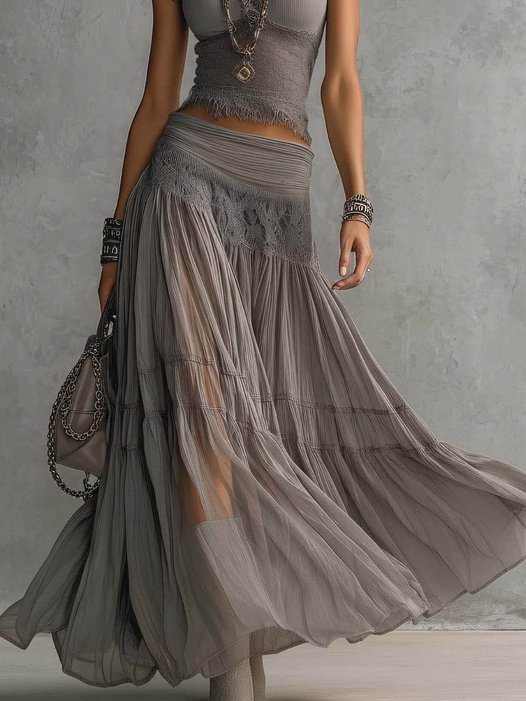 Elena™ | Lace Top & Pleated Maxi Skirt Set