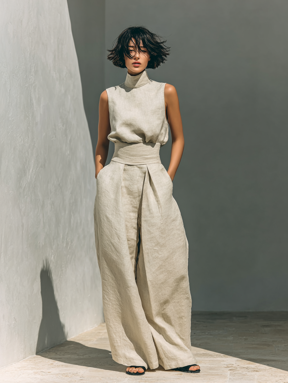 Chloé – Cotton-Linen Blend Sleeveless Blouse & Wide-Leg Pants Set