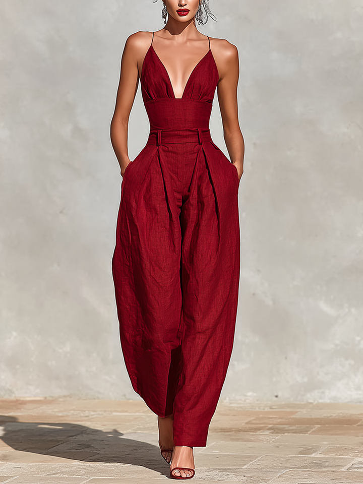 Estelle – Red Linen Jumpsuit with Delicate Straps