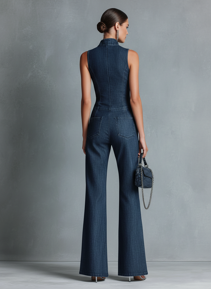Valentine – Dark Blue Denim Sleeveless Jumpsuit with Flared Mandarin Collar