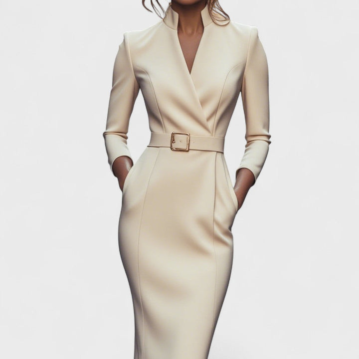 Hanna – Elegant dress with belt and stand-up collar