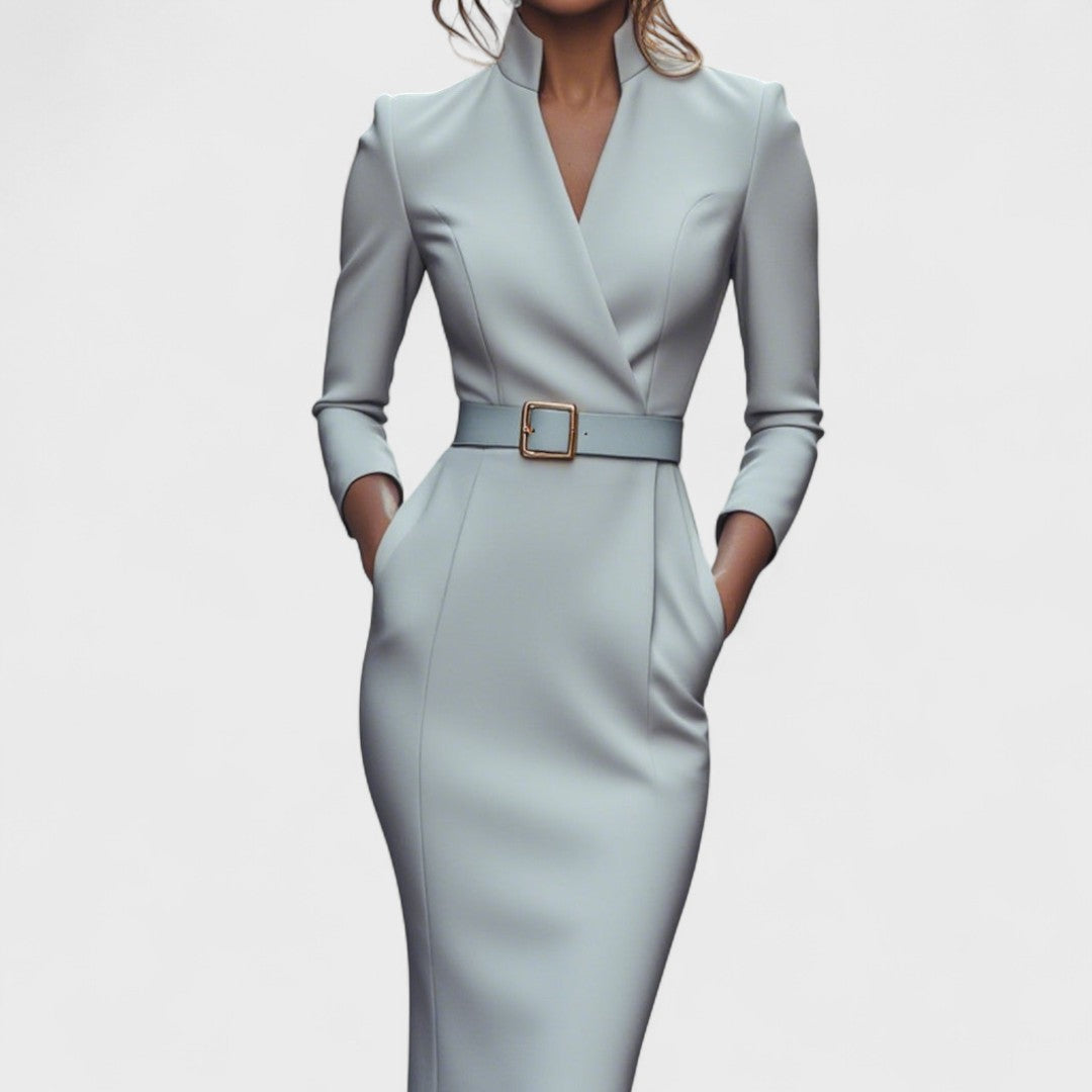 Hanna – Elegant dress with belt and stand-up collar