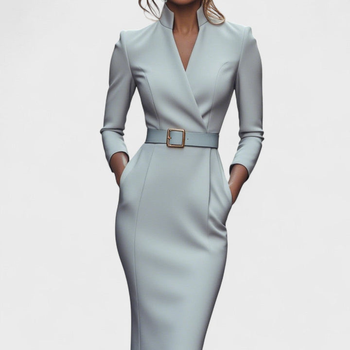 Hanna – Elegant dress with belt and stand-up collar