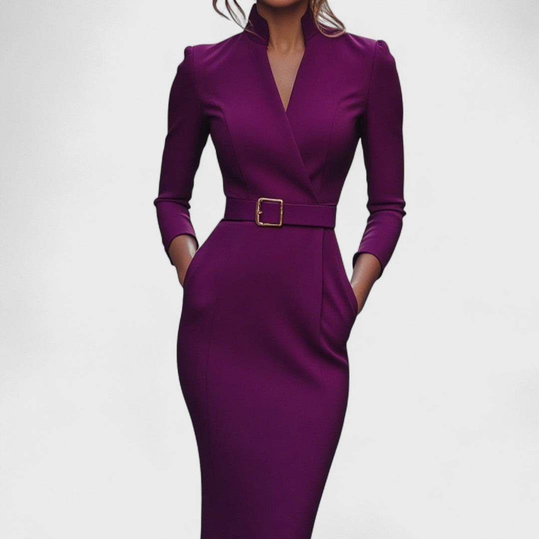 Hanna – Elegant dress with belt and stand-up collar