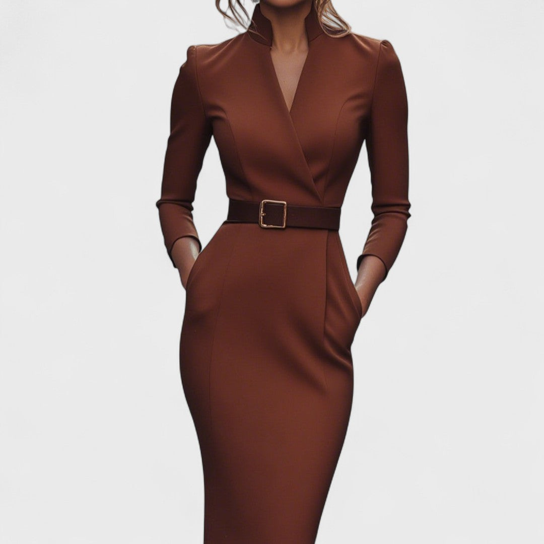 Hanna – Elegant dress with belt and stand-up collar