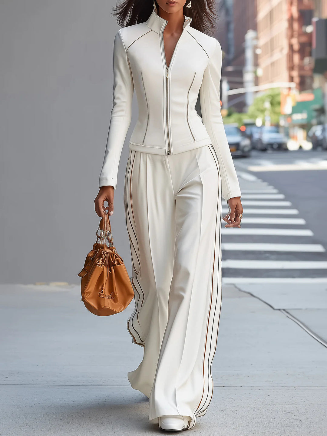 White zip-up top and wide-leg pants set