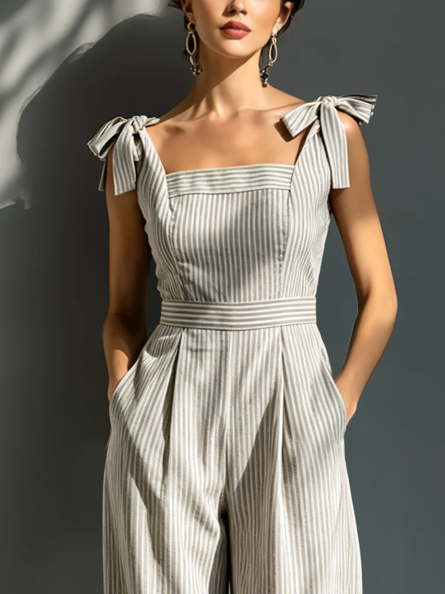 Céleste – Striped Beige & White Linen Blend Jumpsuit