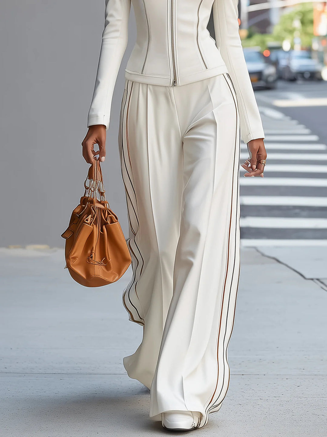 Zip-up top and wide-leg pants set styling detail