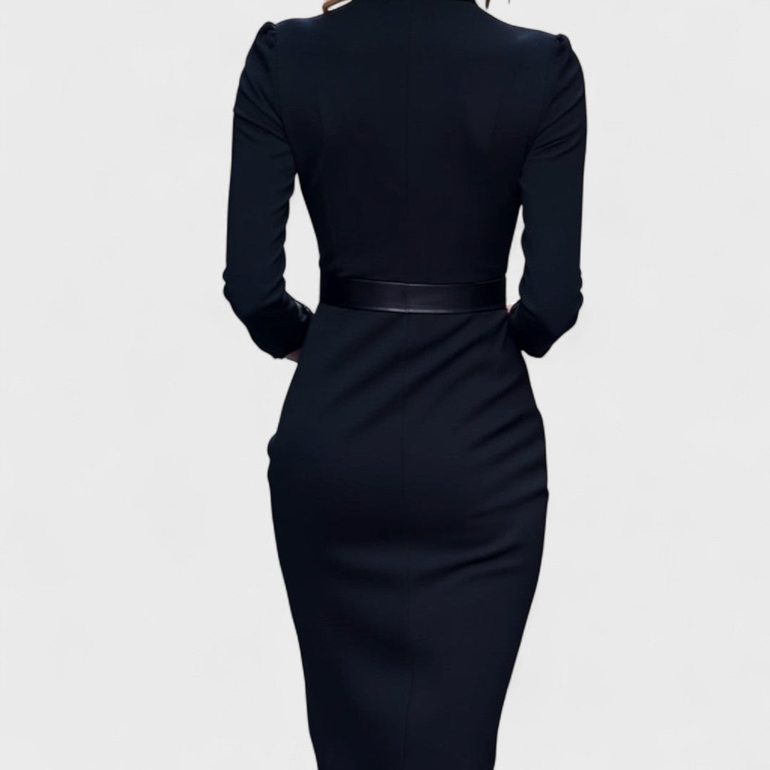 Hanna – Elegant dress with belt and stand-up collar