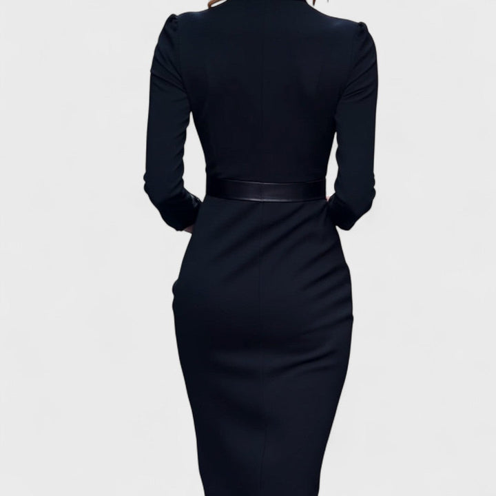 Hanna – Elegant dress with belt and stand-up collar