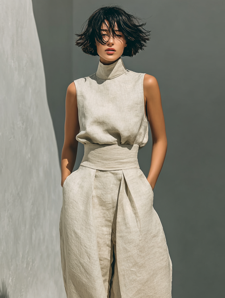 Chloé – Cotton-Linen Blend Sleeveless Blouse & Wide-Leg Pants Set