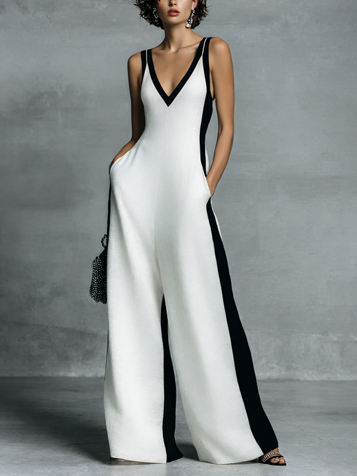 Victoire – Black & White Cotton-Linen Jumpsuit