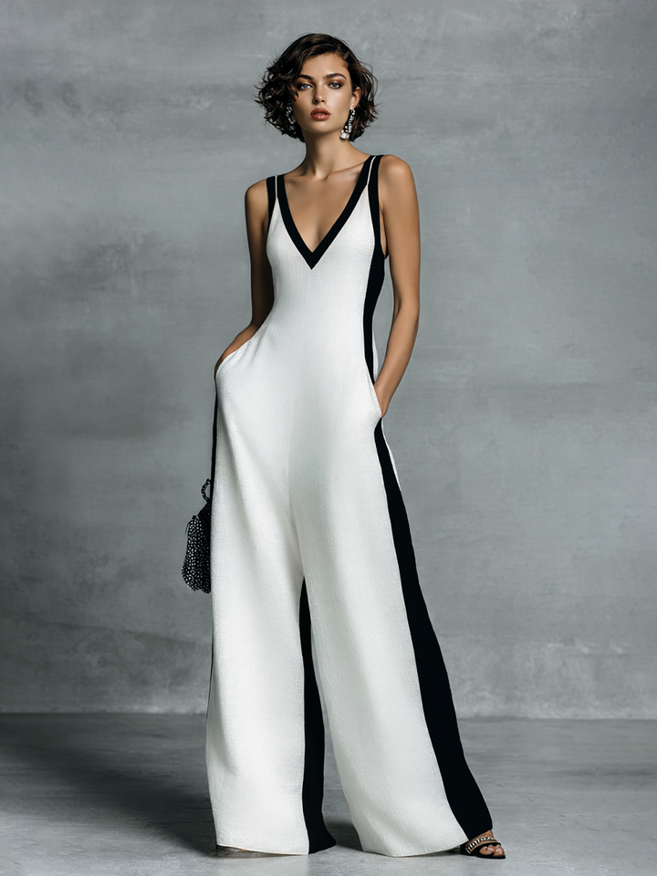 Victoire – Black & White Cotton-Linen Jumpsuit