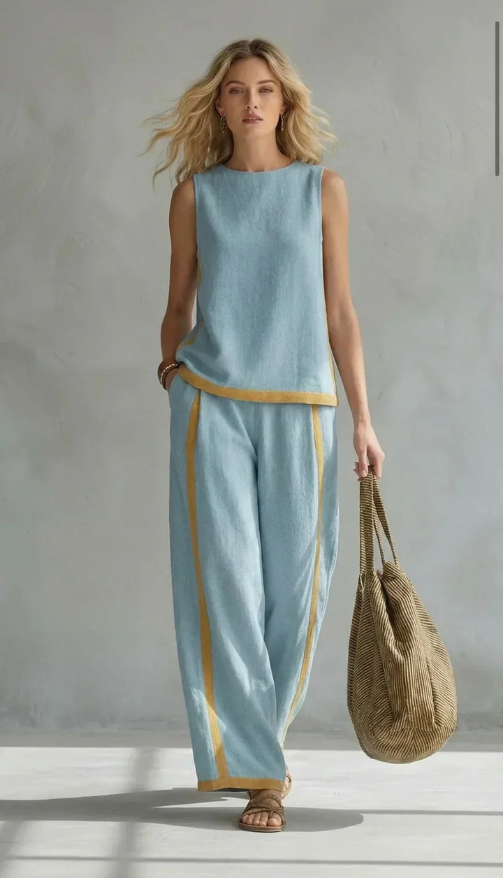 Ursula – Chic Casual Cardigan & Pants Set with Two-Tone Trim