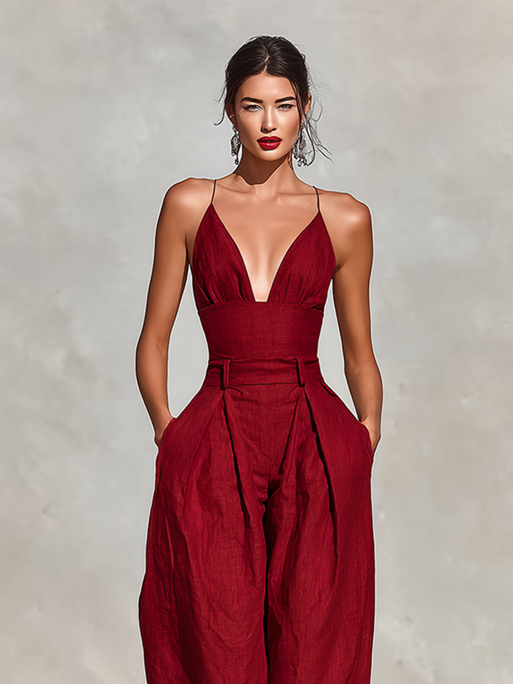 Estelle – Red Linen Jumpsuit with Delicate Straps
