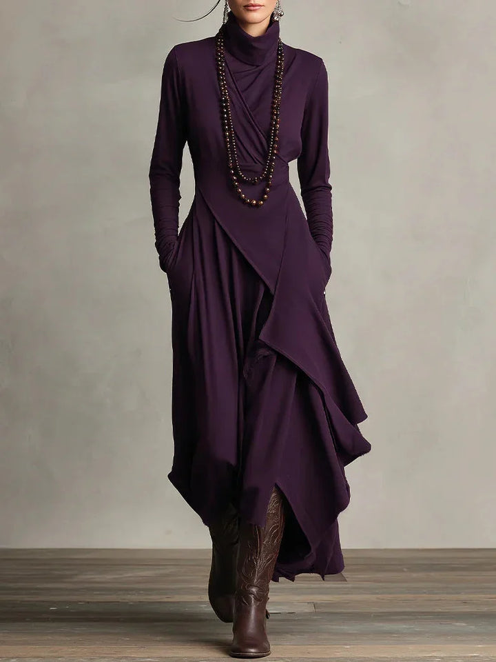 Sandra | Purple Asymmetrical Pleated Maxi Dress with High Neck