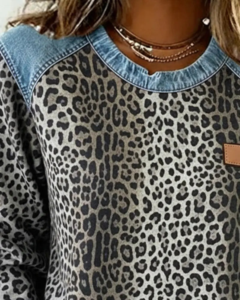 Molly - Leopard Print Patchwork Denim Sweater