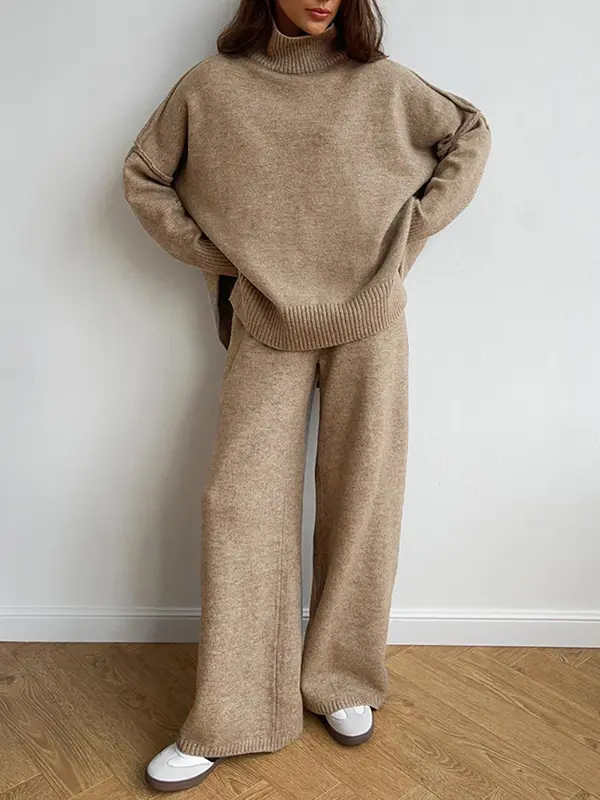 Khaki turtleneck sweater and wide-leg pants set