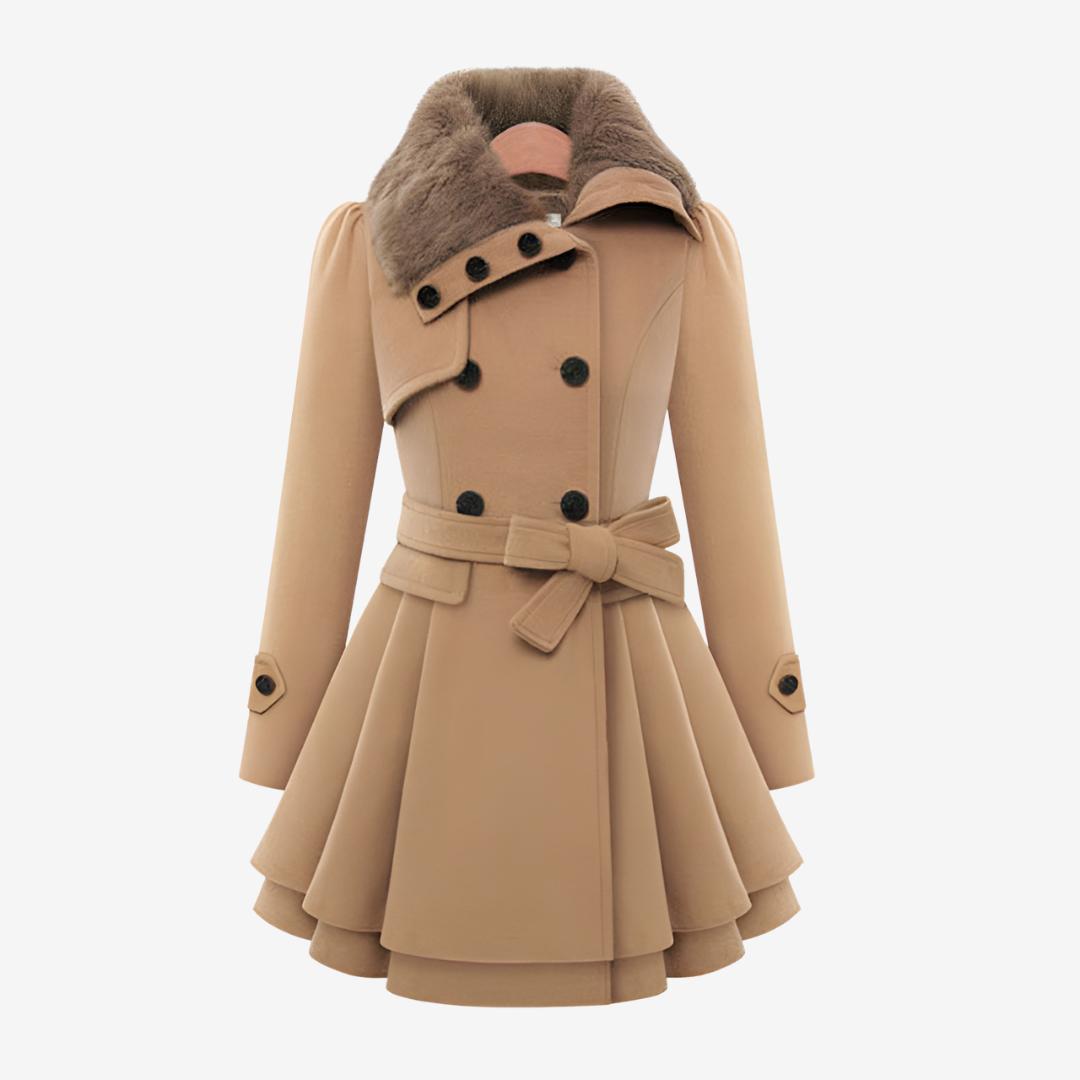 Khaki belted coat with faux fur collar