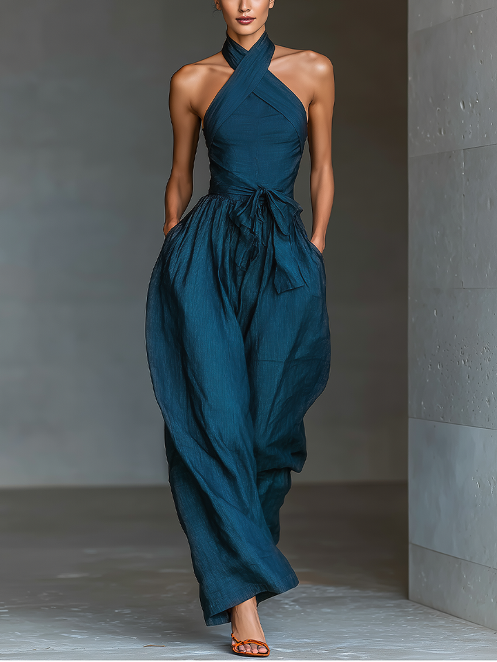 Solène – Crossover Strappy Navy Linen Jumpsuit