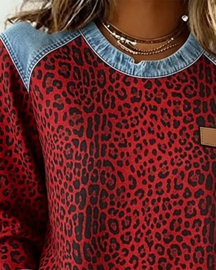 Molly - Leopard Print Patchwork Denim Sweater