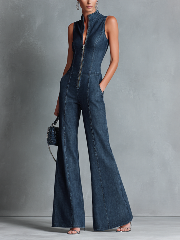 Valentine – Dark Blue Denim Sleeveless Jumpsuit with Flared Mandarin Collar