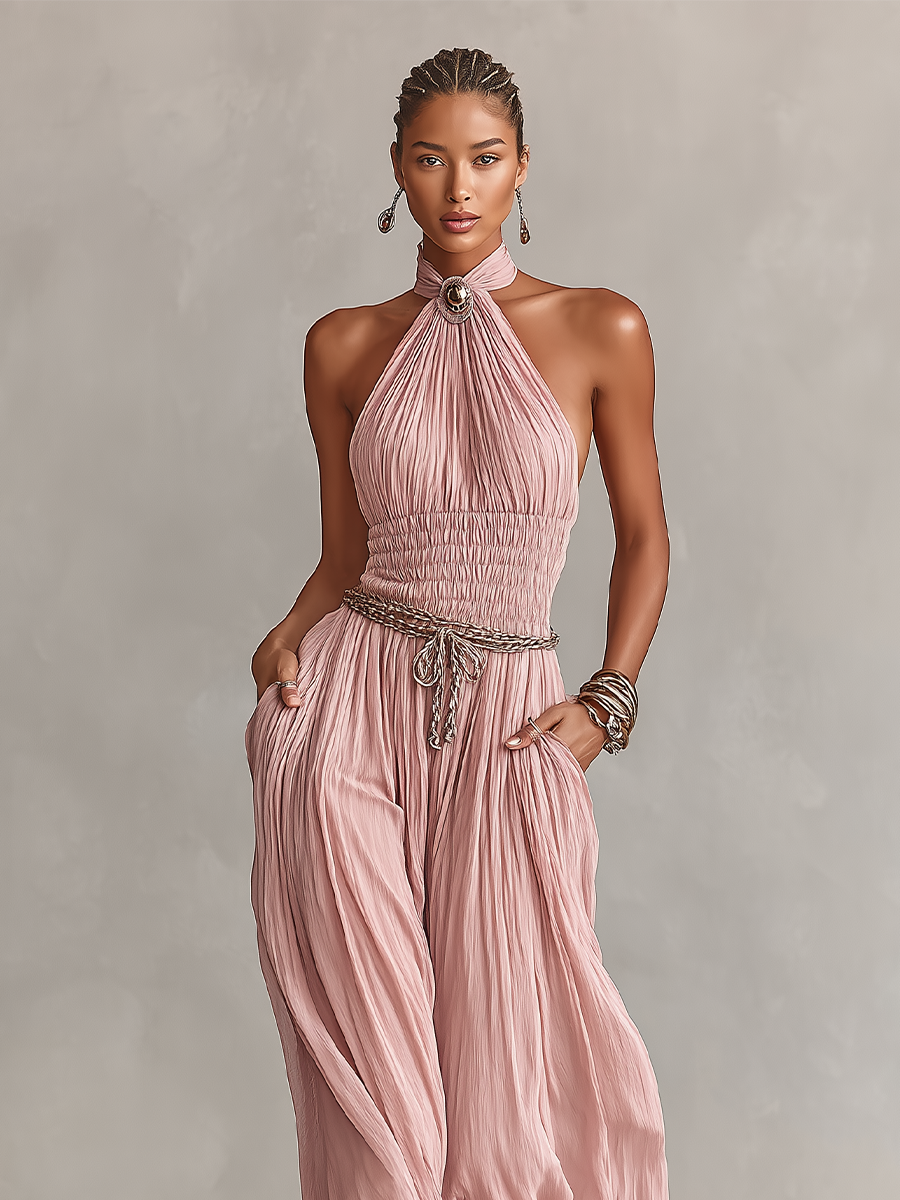 Margaux – Pleated Pink Jumpsuit with Halter Neck & Ruched Waist