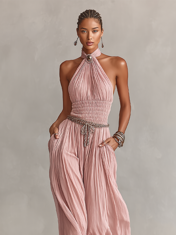 Margaux – Pleated Pink Jumpsuit with Halter Neck & Ruched Waist