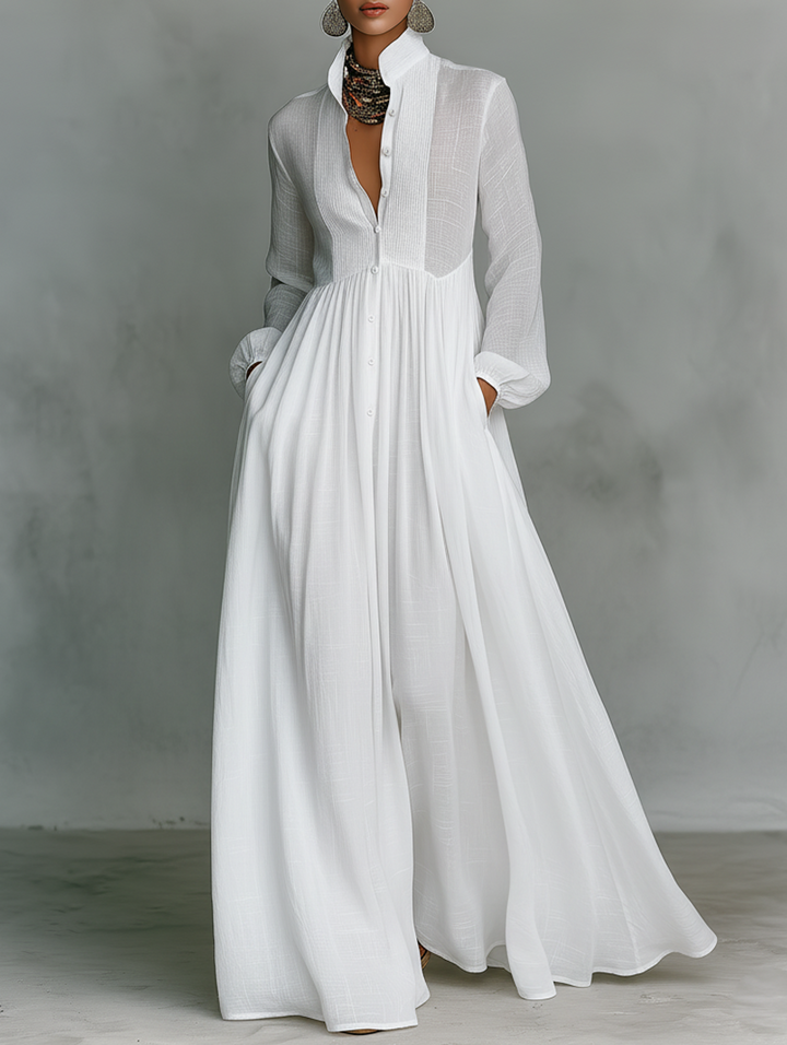 Elisa | Maxi Minimalist Cotton and Linen Dress with Patchwork, High Neck, and Long Sleeves