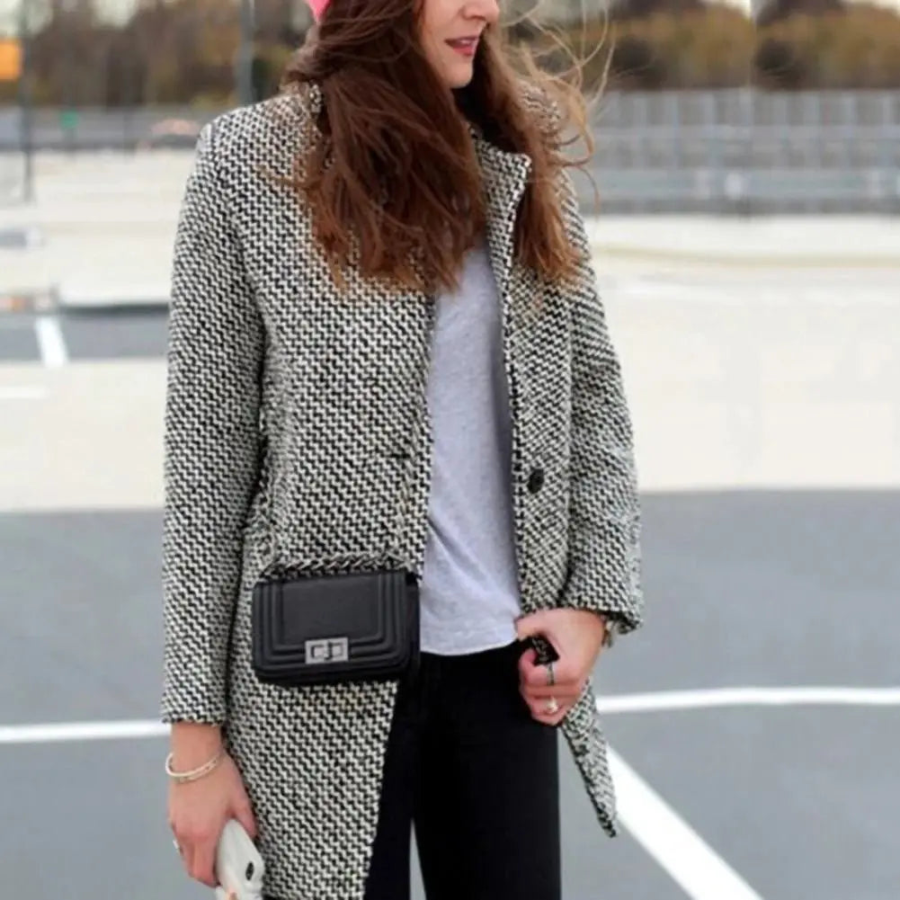 Checked winter coat side view