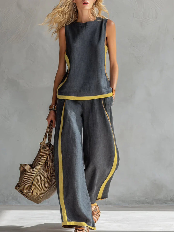 Ursula – Chic Casual Cardigan & Pants Set with Two-Tone Trim
