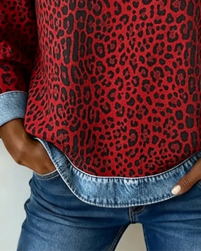 Molly - Leopard Print Patchwork Denim Sweater