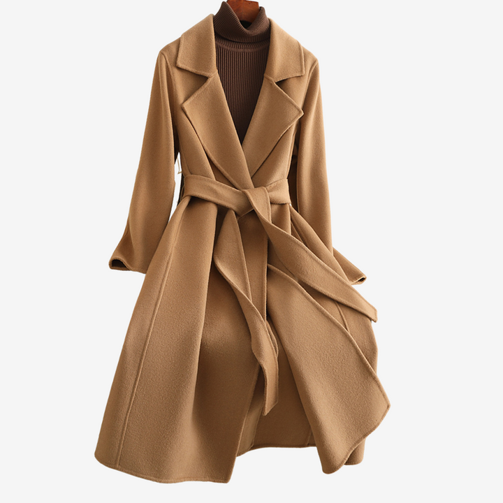 Belted trench coat front view