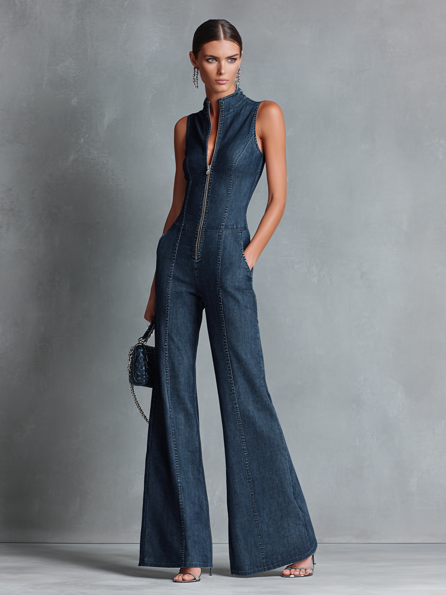 Valentine – Dark Blue Denim Sleeveless Jumpsuit with Flared Mandarin Collar