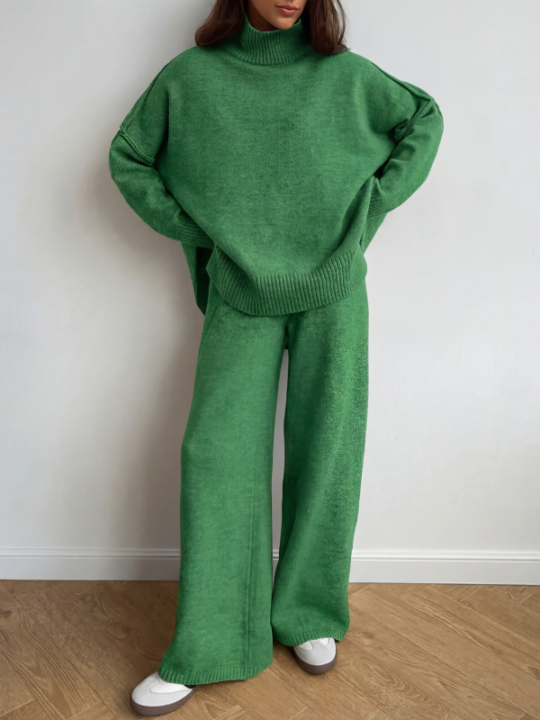 Dark Green turtleneck sweater and wide-leg pants set