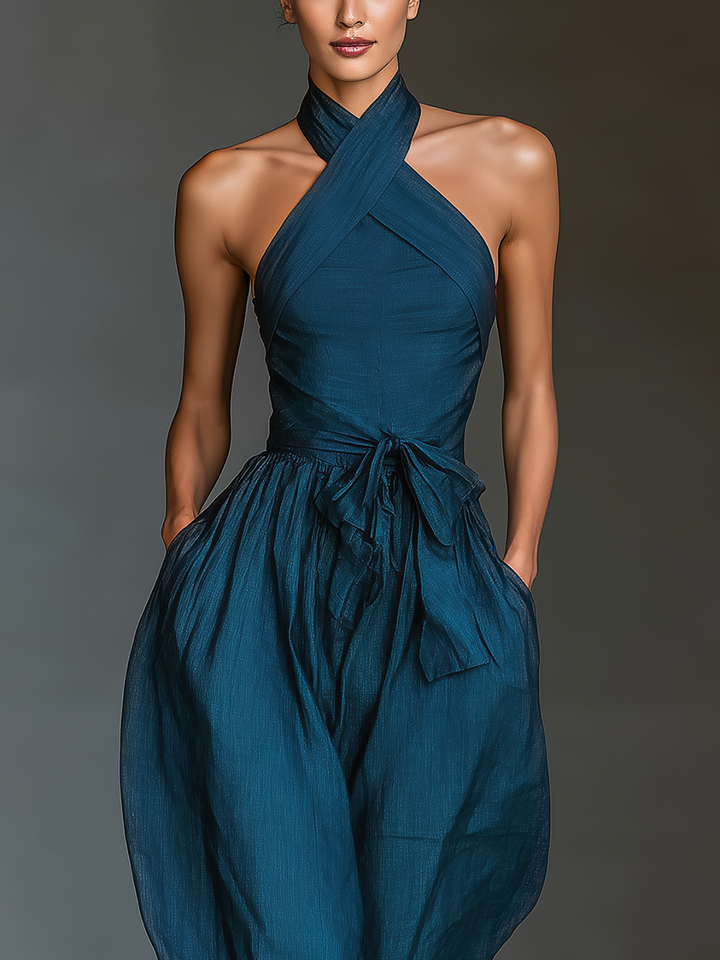 Solène – Crossover Strappy Navy Linen Jumpsuit