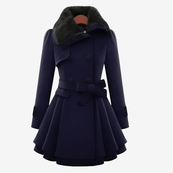 Blue belted coat with faux fur collar