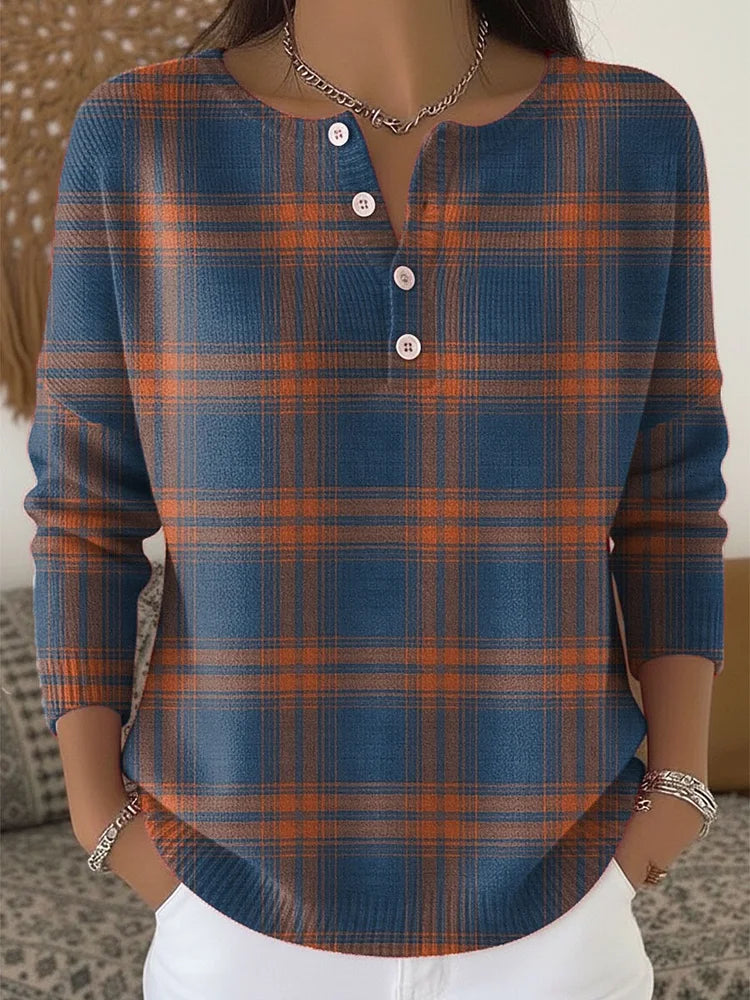 Women's Plaid Print Casual Cotton Buttoned Cardigan Sweater