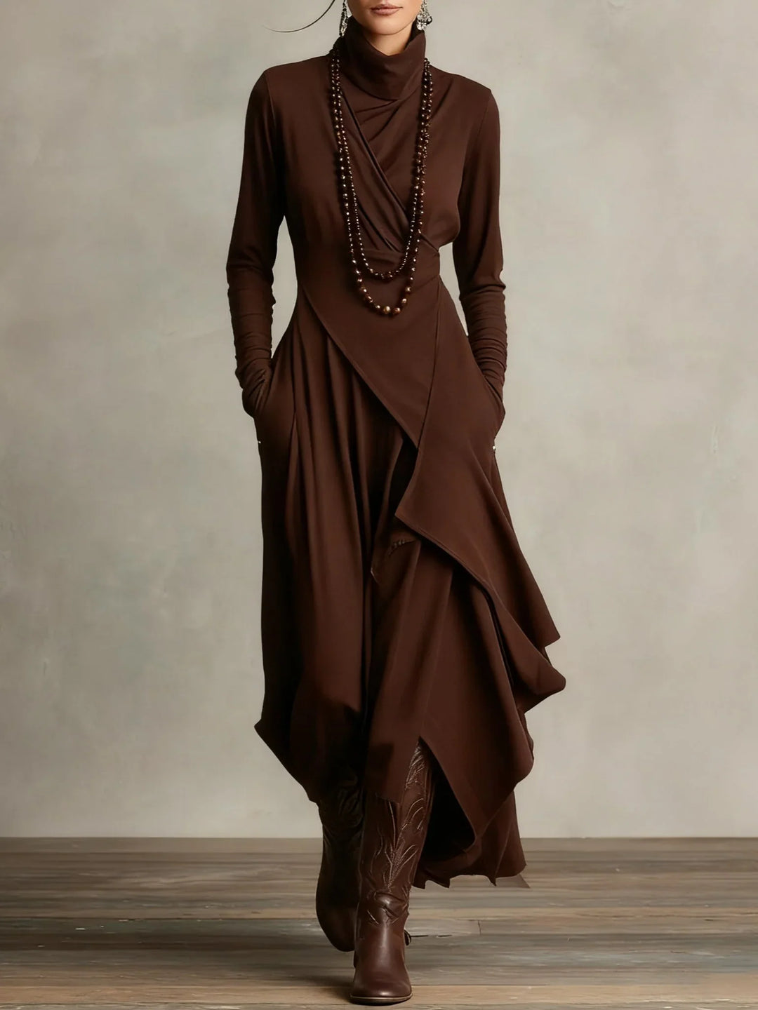 Sandra | Purple Asymmetrical Pleated Maxi Dress with High Neck