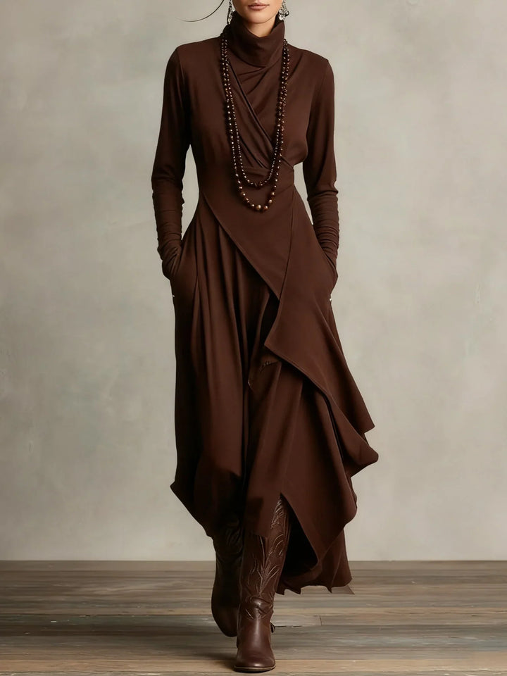 Sandra | Purple Asymmetrical Pleated Maxi Dress with High Neck