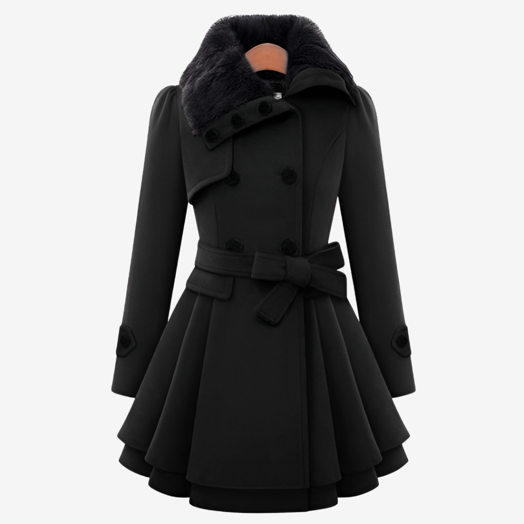 Black belted coat with faux fur collar