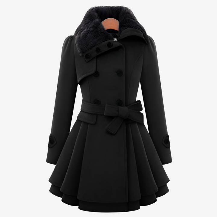 Black belted coat with faux fur collar