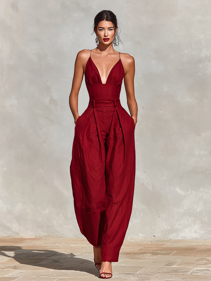 Estelle – Red Linen Jumpsuit with Delicate Straps