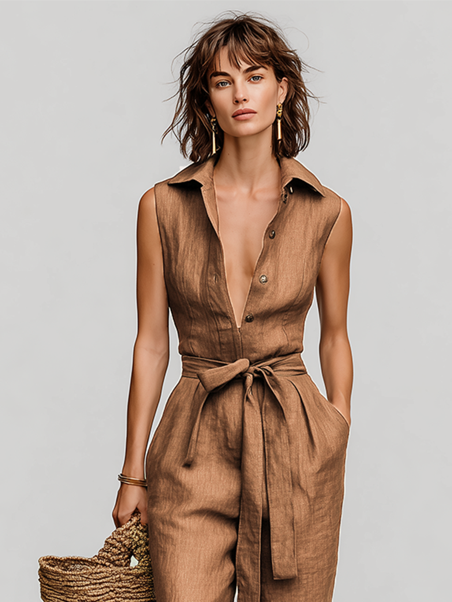 Élodie – Tobacco Brown Linen Overalls