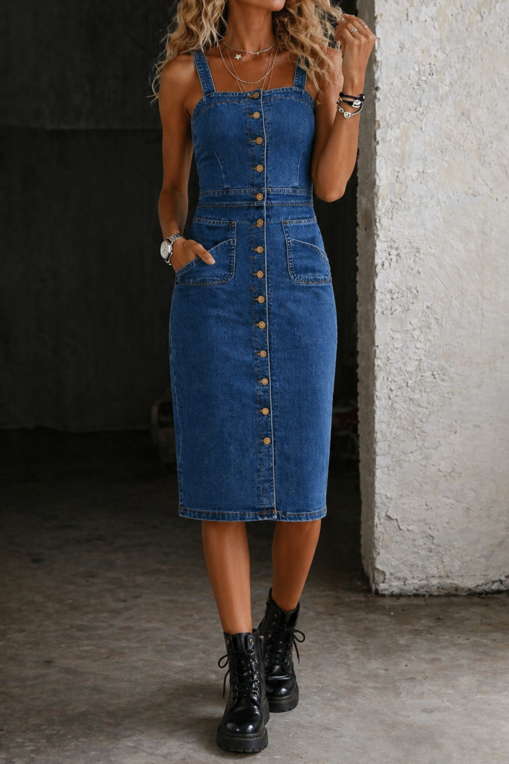 Indira – Denim Button-Front Dress