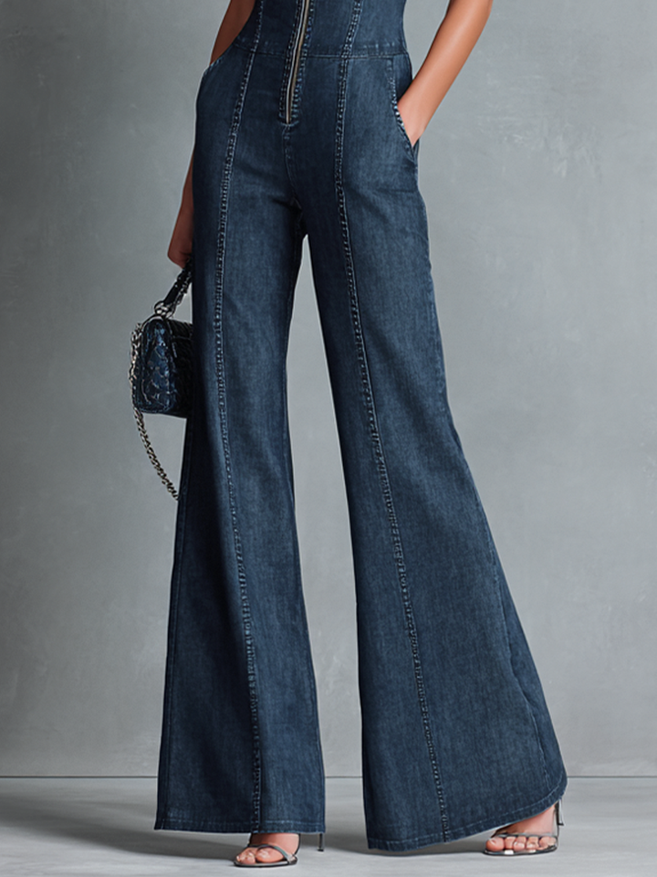 Valentine – Dark Blue Denim Sleeveless Jumpsuit with Flared Mandarin Collar