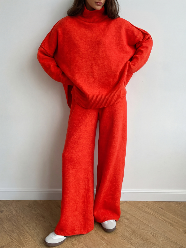 Red turtleneck sweater and wide-leg pants set