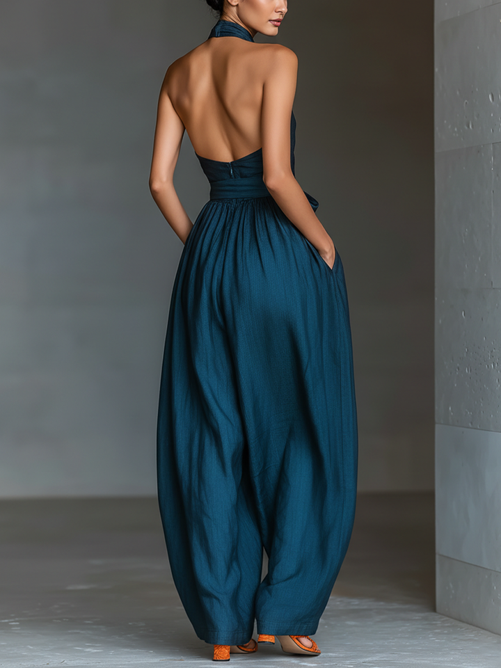 Solène – Crossover Strappy Navy Linen Jumpsuit